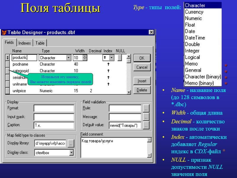 Поля таблицы  Name - название поля (до 128 символов в *.dbc) Width -